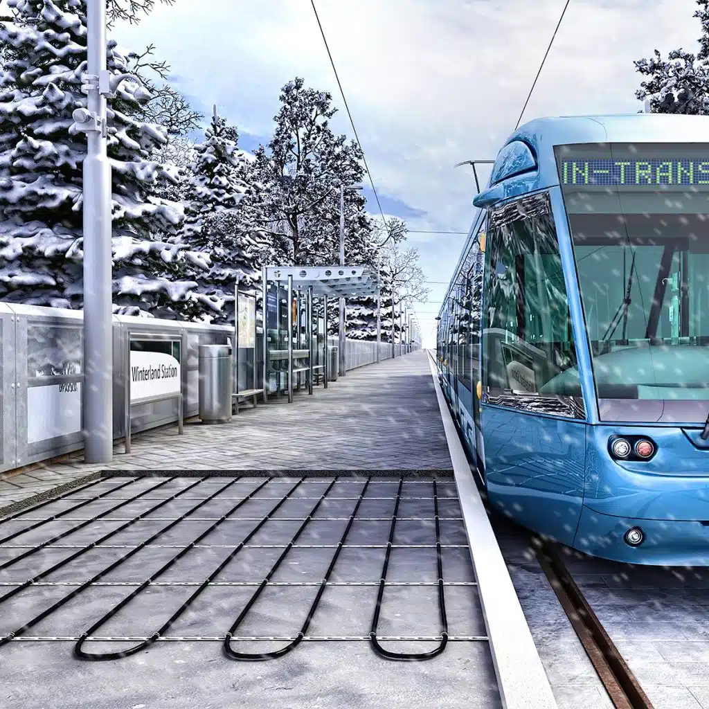 Câbles chauffants Delta-Therm posés le long d’un quai de tramway enneigé