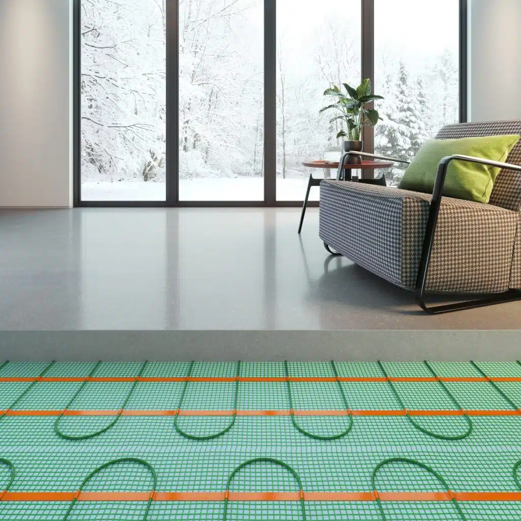 Câbles chauffants Flextherm sous le plancher d’un salon