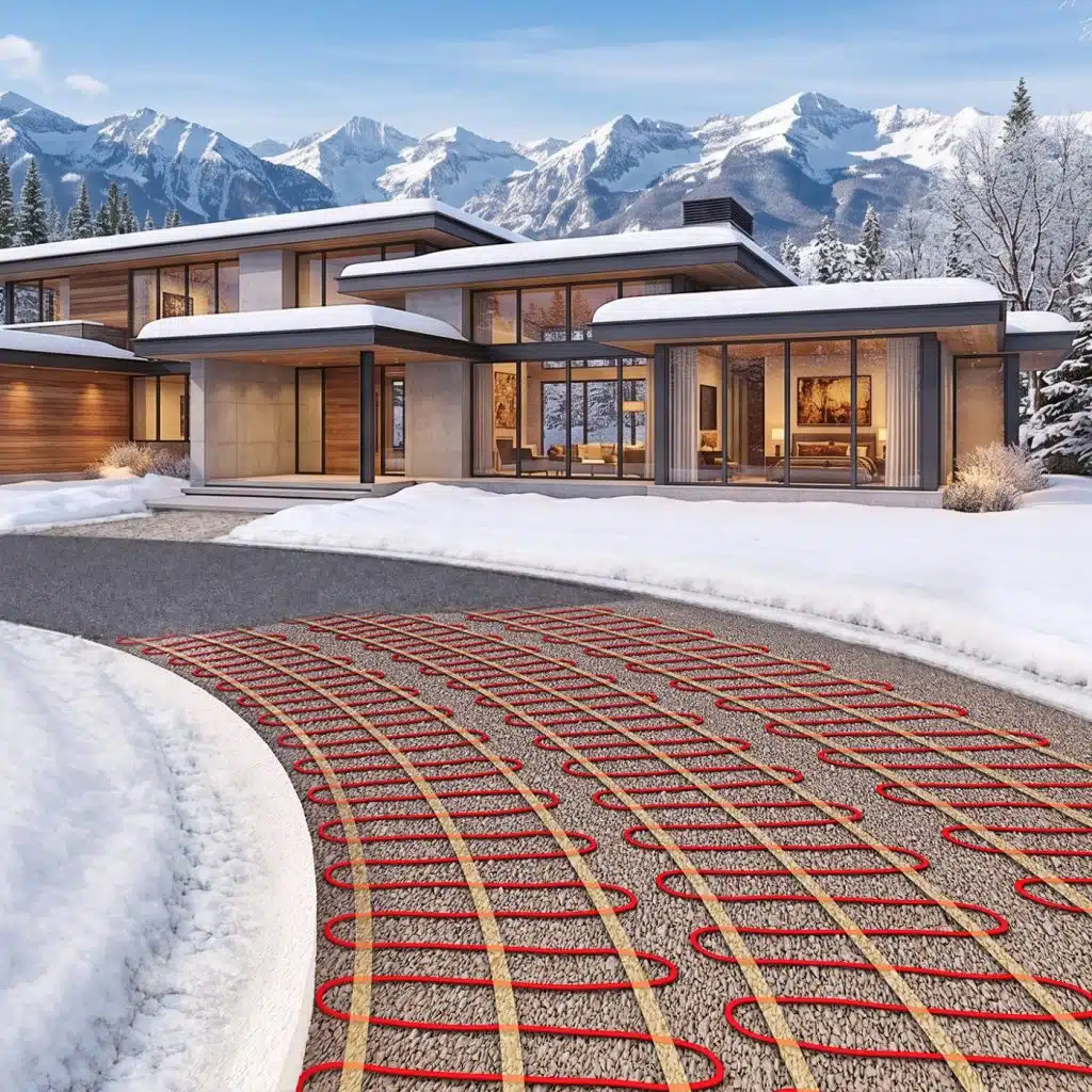 Entrée de garage chauffante Warmzone devant une maison enneigée