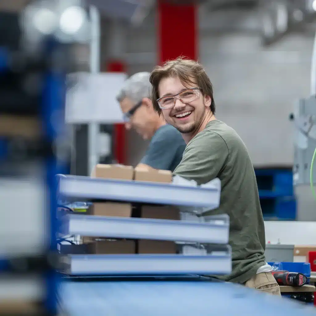 Smiling Innovair employee wearing safety glasses at a workstation on a production line